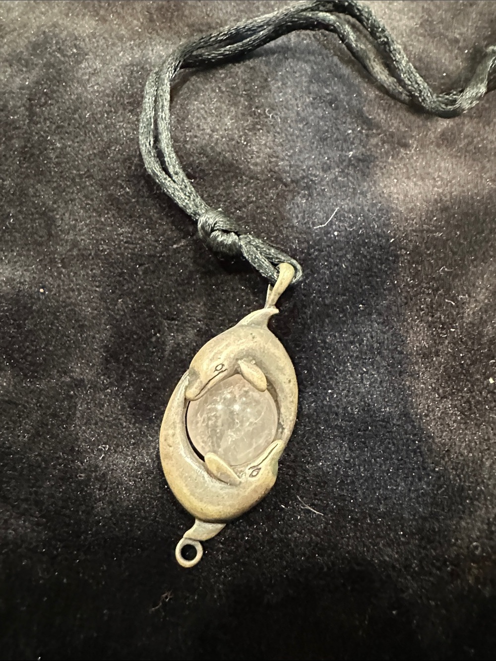 Handcrafted Dolphin Pendant Necklace in Aged Brass with Clear Stone
